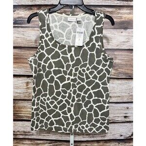 Chicos Tank Top Women Sz 2 Green Cream Giraffe Print Ribbed Knit Stretch Medium